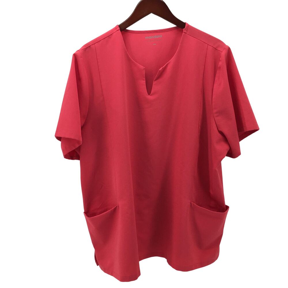 Mandala 5 pocket Scrub Top 3X Coral Pink Notch Neck Nursing Healthcare Medical